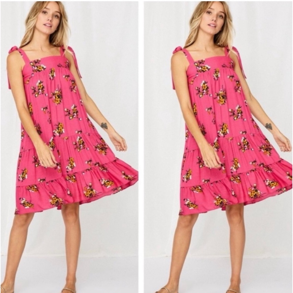 New! CES FEMME Boho Ruffle Tiered Self Tie Pink Tank Dress! - Picture 3 of 4